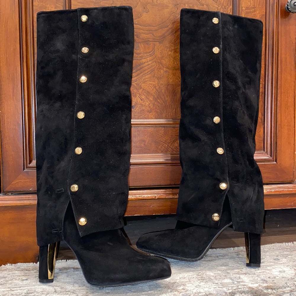 Stuart Weitzman Black Suede Gold Heel Boots